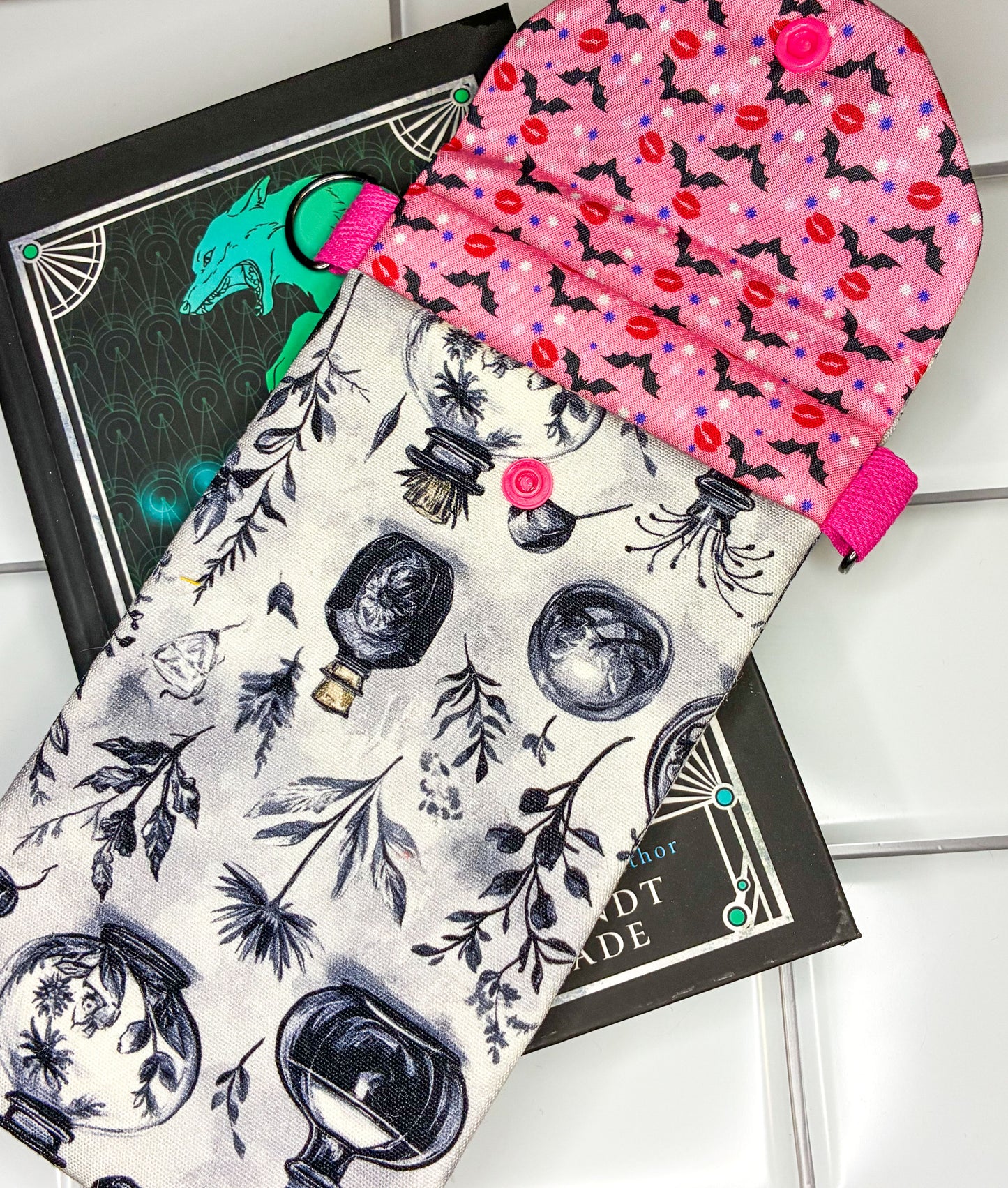 Witchy Potions Pink Bats Phone Wallet: Handmade Cotton Canvas Smartphone Purse